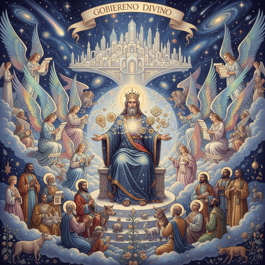 Celestial scene showing a divine ruler on a throne under the text GOBIERNO DIVINO.